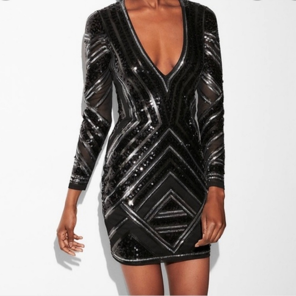 Express Deep V Neck Sequin Dress Extra Small